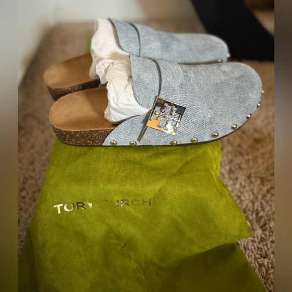 NIB Tory Burch Mellow Stud Mules- Denim Suede/Cork - Picture 5 of 9